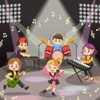 banda musicale di giovane adolescente sul palco in cartone animato vettore
