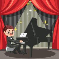 grande musicista classico sul palco con pianoforte a coda vettore