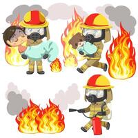 giovane che indossa l'uniforme da vigile del fuoco e una maschera tossica protettiva vettore