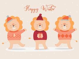 vettore dell'inverno finale con un leone che indossa un maglione e un cappello natalizio