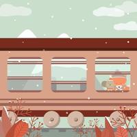 vettore dello scorso inverno con un cane e una volpe seduti sul treno