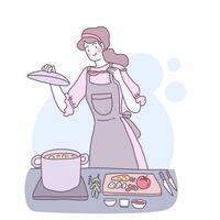 illustrazione vettoriale piatta con una ragazza che cucina in cucina