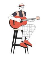 acustico chitarrista spiumatura stringhe linea cartone animato piatto illustrazione. caucasico adulto uomo seduta su bar sgabello 2d Linea artistica personaggio isolato su bianca sfondo. musica Festival scena vettore colore Immagine