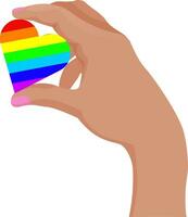 mano detiene cuore lgbt bandiera arcobaleno, mano disegnato orgoglio mese piatto decorazione. persone diritti movimento, diversità amore tempo design.isolato. vettore illustrazione