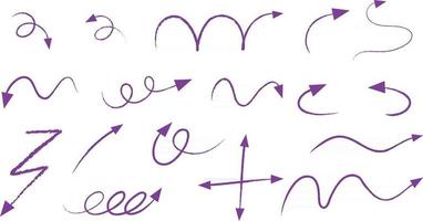 diversi tipi di frecce curve disegnate a mano viola su sfondo bianco vettore