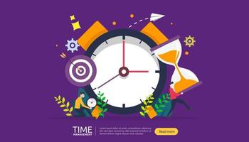 gestione del tempo e concetto di procrastinazione. pianificazione e strategia per soluzioni aziendali con orologio, calendario e personaggi minuscoli per presentazioni, social e stampa. illustrazione vettoriale