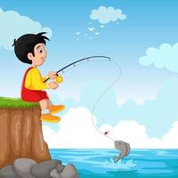 cartone animato carino ragazzo pesca