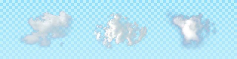 isolato realistico nuvole su blu sfondo. impostato di tre naturale elementi per modello decorazione e modello. vettore illustrazione