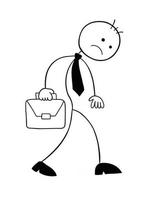 stickman, uomo affari, carattere, infelice, e, camminare, con, cartella, vettore, cartone animato, illustration vettore