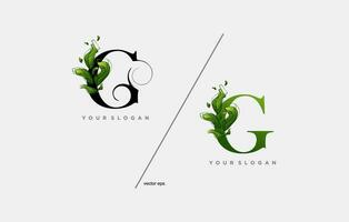 un' verde lettera g con le foglie e le foglie vettore
