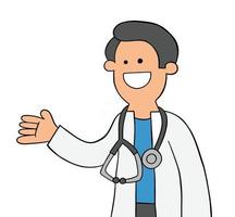 il medico o il veterinario dei cartoni animati è felice e mostra l'illustrazione vettoriale