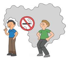 l'uomo del fumetto fuma in un luogo non fumatori e l'uomo dietro è infastidito dall'illustrazione vettoriale del fumo di sigaretta cigarette