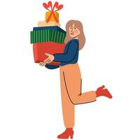donna Tenere un' mucchio di regali nel il scatole. nuovo anno o Natale celebrazione. vettore