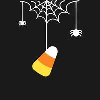 caramella Mais sospeso su un' ragno ragnatela, contento Halloween trucco o trattare spaventoso ornamenti decorazione vettore illustrazione