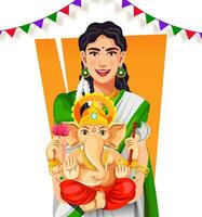 contento indiano donna accogliente signore Ganesha idolo su ganesh Chaturthi celebrazione vettore