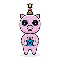 carino maiale festeggiare il fumetto della festa di compleanno. illustrazione di design per adesivo e abbigliamento vettore