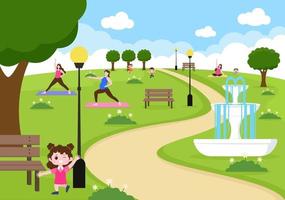 illustrazione del parco cittadino per persone che praticano sport, relax, gioco o ricreazione con albero verde e prato. scenario sfondo urbano vettore