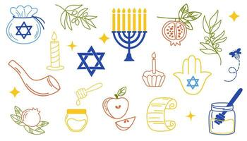 contento hanukkah scarabocchio icone elementi. menorah, Torah scorrere, dreidel, david stella, hamsa simboli. mano disegnato ebraico vacanza vettore illustrazioni.