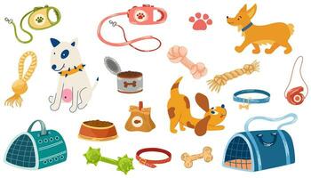 animale domestico negozio assortimento, cani Accessori. impostato di memorizzare fornitura elementi per domestico animali domestici, letti, animale cibo, giocattoli, trasporto, collari e alimentazione. cani di diverso razze. vettore mano disegnare illustrazione.