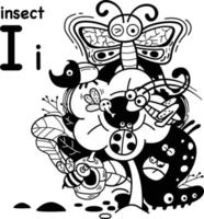 hand drawn.alphabet letter i-insect illustration, vector