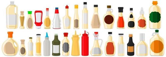 illustrazione a tema grande kit varie bottiglie di vetro riempite di salsa all'aglio liquido vettore