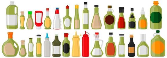 kit di illustrazione varie bottiglie di vetro riempite di salsa liquida guacamole vettore