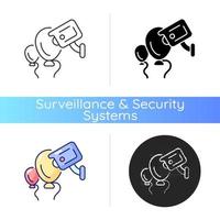 sicurezza degli eventi con l'icona della fotocamera wireless. tecnologia di sorveglianza per grandi concerti ed eventi pubblici. prevenire crimini e violenze. stili di colore lineare nero e rgb. illustrazioni vettoriali isolate