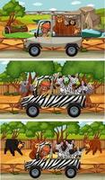 set di diverse scene orizzontali di safari con animali e personaggi dei cartoni animati per bambini vettore