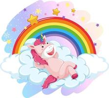 carino unicorno sdraiato su una nuvola nel cielo pastello con arcobaleno vettore