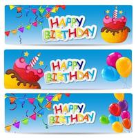 Palloncini di buon compleanno lucidi a colori e sfondo banner torta illustrazione vettoriale