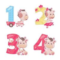 numeri carini con set di illustrazioni di cartoni animati giraffa bambino. simboli di caratteri divertenti di matematica scolastica e personaggi di animali kawaii. adesivi per album per bambini. collezione di numeri per compleanni e anniversari dei bambini vettore