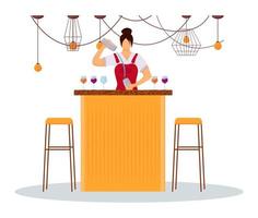 illustrazione vettoriale di colore piatto barista donna. personale di servizio in divisa al bancone del bar. lavoratrice alberghiera che prepara cocktail. barista con personaggio dei cartoni animati isolato shaker su sfondo bianco