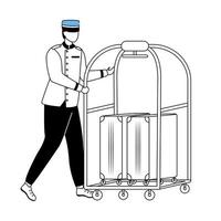 illustrazione vettoriale piatto portiere. servizio alberghiero. personale in divisa che trasporta i bagagli degli ospiti. fattorino con le valigie. fattorino con carrello portabagagli. personaggio dei cartoni animati bellman con contorno su bianco