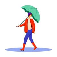 donna in pullover e giacca rossa personaggio senza volto di colore piatto vettoriale. che cammina signora caucasica in stivali di gomma. tempo umido. femmina con ombrello in mano isolato fumetto illustrazione su sfondo bianco vettore
