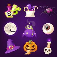 insieme di vettore del fumetto della decorazione di halloween. oggetti realistici spettrali e spaventosi isolati sul viola. pozione magica, dolcetti, ragno, adesivi zucca. cappello da strega, occhio, teschio e luna. clipart piatte di arredamento horror