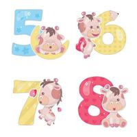 numeri carini con set di illustrazioni di cartoni animati giraffa bambino. simboli di caratteri divertenti di matematica scolastica e personaggi di animali kawaii. adesivi per album per bambini. collezione di numeri per compleanni e anniversari dei bambini vettore