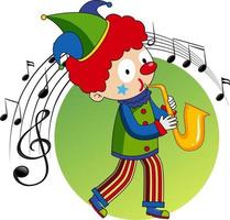 personaggio dei cartoni animati di un clown suona il sassofono con simboli di melodia musicale vettore