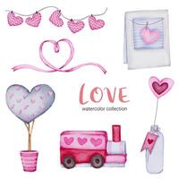 set di grande isolato concetto di San Valentino acquerello elemento adorabile romantico rosso-rosa cuori per la decorazione, illustrazione vettoriale. vettore