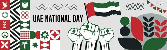 uea nazionale giorno bandiera con carta geografica, bandiera di unito arabo Emirates colori tema sfondo e geometrico astratto retrò moderno colorfull design con sollevato mani o pugni. vettore