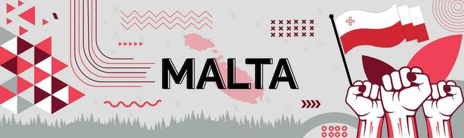 Malta carta geografica e sollevato pugni. nazionale giorno o indipendenza giorno design per Malta celebrazione. moderno retrò design con astratto icone. vettore illustrazione.