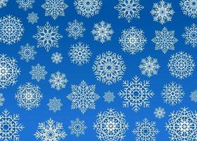 sfondo di fiocchi di neve, fiocchi di neve bianchi su sfondo blu. sfondo del nuovo anno, fiocchi di dimensioni casuali, diversi modelli simmetrici vettore