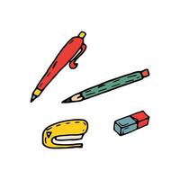 Stazionario per studia e opera - a sfera penna, matita, cucitrice e gomma. vettore cartone animato scarabocchio illustrazione