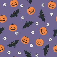 pipistrelli, zucche e cranio su buio sfondo senza soluzione di continuità modello. contento Halloween. vettore illustrazione