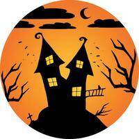 strega o frequentato Casa silhouette su il collina nel un' il giro sagomato sfondo. Casa, mezzaluna, pipistrelli e nero gatto schema. contento Halloween. vettore illustrazione