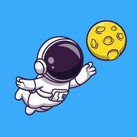 astronauta galleggiante con Luna cartone animato vettore icona illustrazione. scienza tecnologia icona concetto isolato premio vettore. piatto cartone animato stile