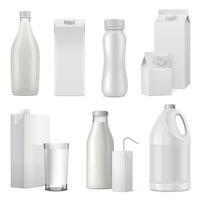 set di icone realistiche del pacchetto di bottiglie di latte illustrazione vettoriale