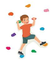 carino poco ragazzo arrampicata parete con colorato roccia vettore