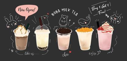 bubble milk tea promozioni speciali design, boba milk tea, pearl milk tea, deliziose bevande, caffè e bibite analcoliche con logo e banner pubblicitario simpatico e divertente in stile doodle. illustrazione vettoriale. vettore