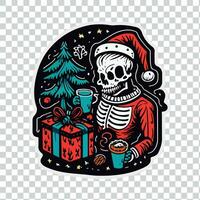 etichetta illustrazione di Natale cartone animato scheletro indossare un' Santa attrezzatura potabile caffè vettore