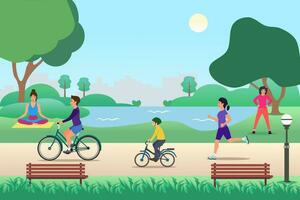 parco attività. all'aperto sport allenarsi e salutare stile di vita, persone in esecuzione, equitazione bicicletta, esercizio, yoga, e jogging. vettore